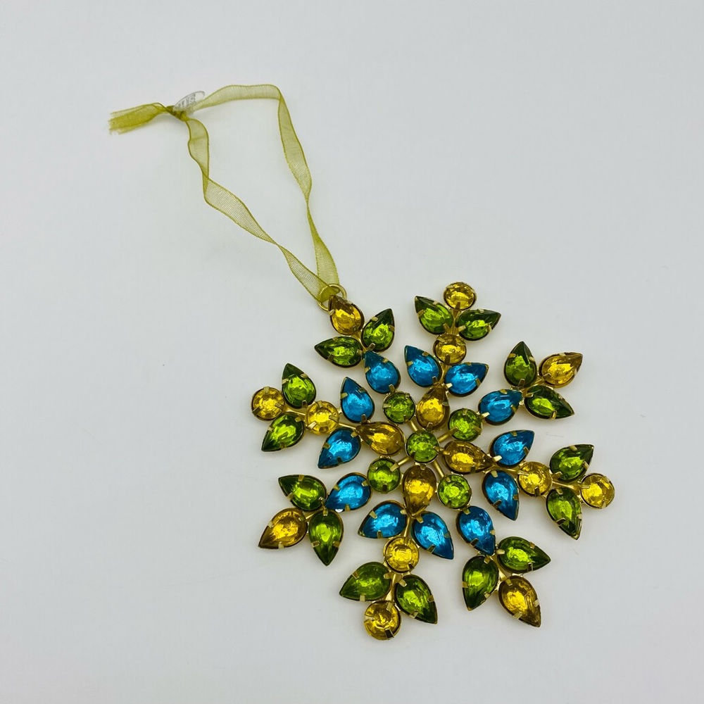 TWO'S COMPANY GOLD METAL BEAD GLASS SNOWFLAKE ORNAMENT BLUE YELLOW GREEN.